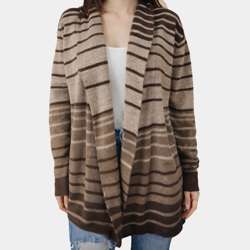 Vintage Suzie Long Sleeve Brown Striped Open Front Cardigan Size XL